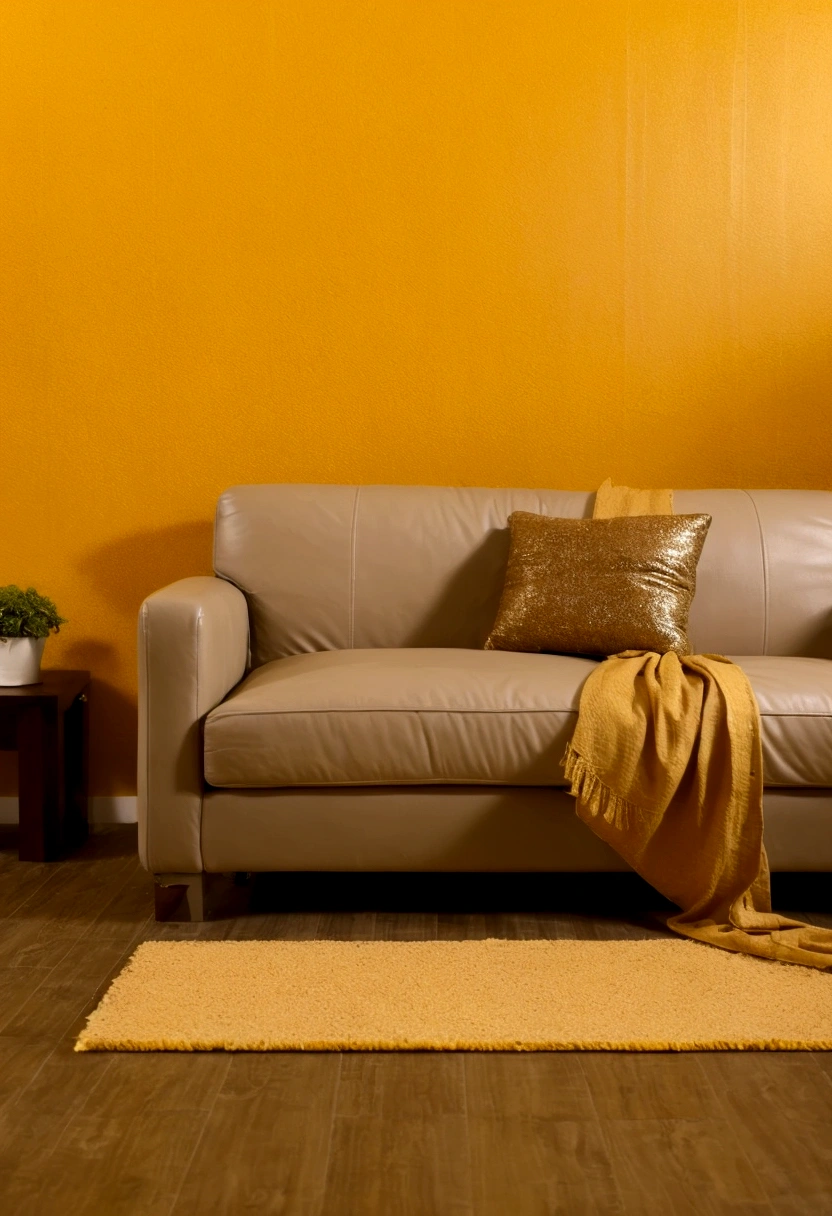 a photo studio room, dry leaf plants, bright yellow background, clean, yellow floor blends with the walls