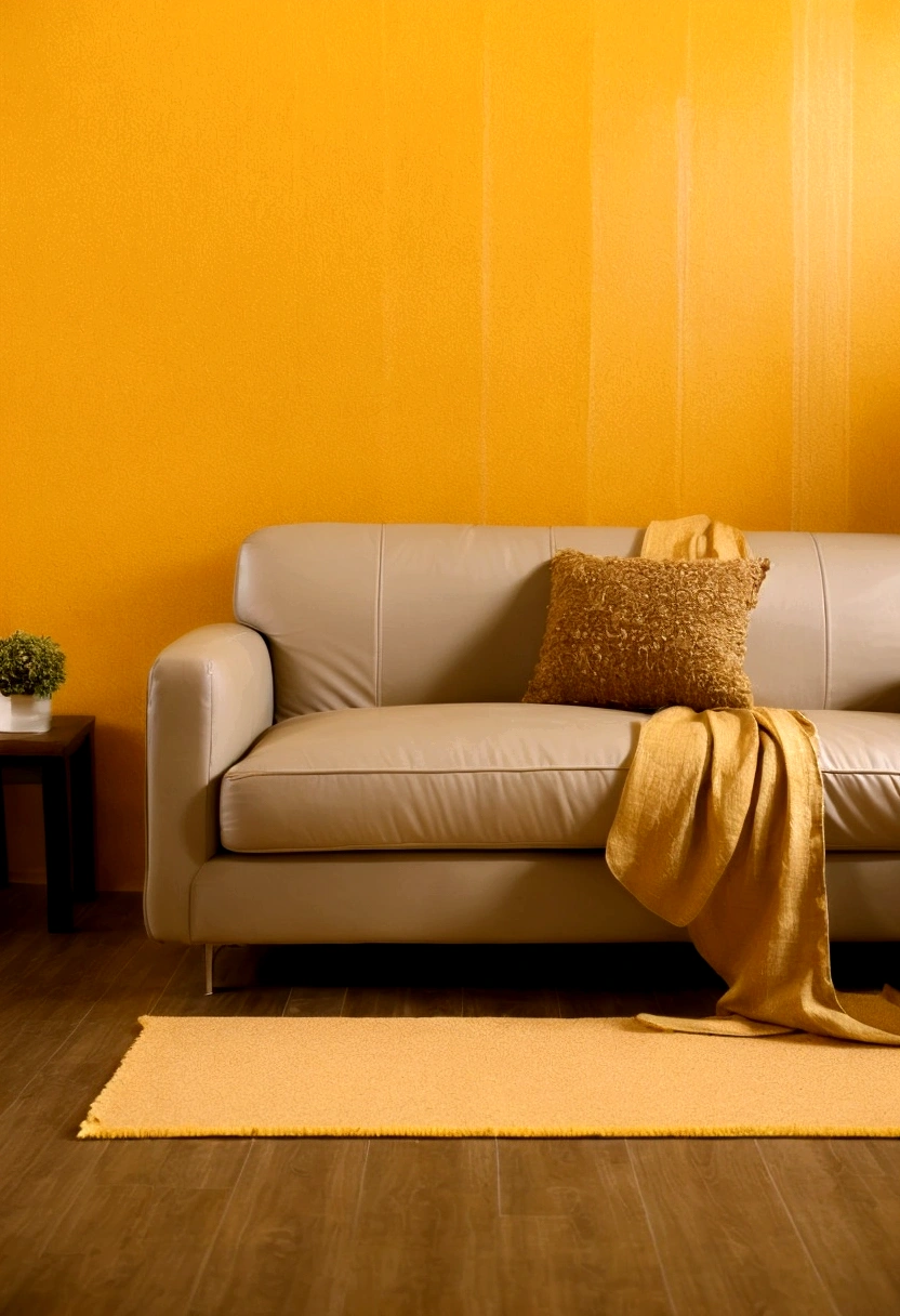 a photo studio room, dry leaf plants, bright yellow background, clean, yellow floor blends with the walls