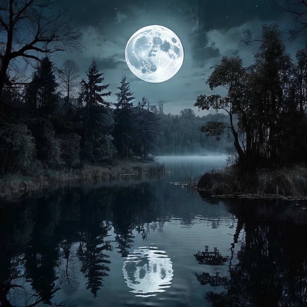 A gothic style moonlit lake with dark, moody tones, intricate details, and an eerie atmosphere.