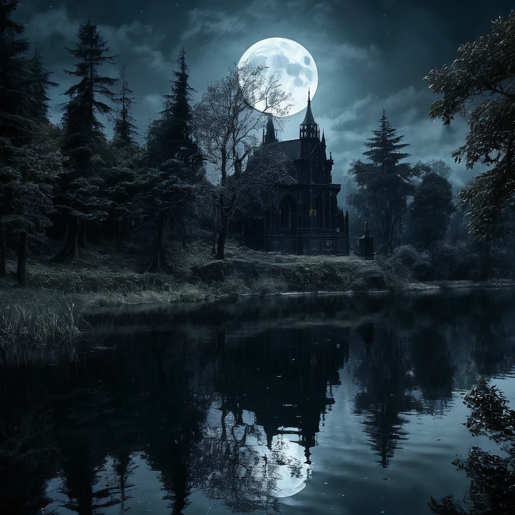 A gothic style moonlit lake with dark, moody tones, intricate details, and an eerie atmosphere.