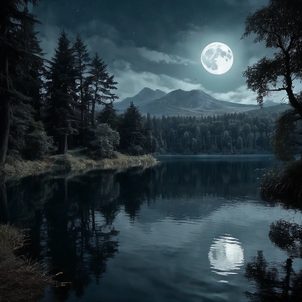 A gothic style moonlit lake with dark, moody tones, intricate details, and an eerie atmosphere.