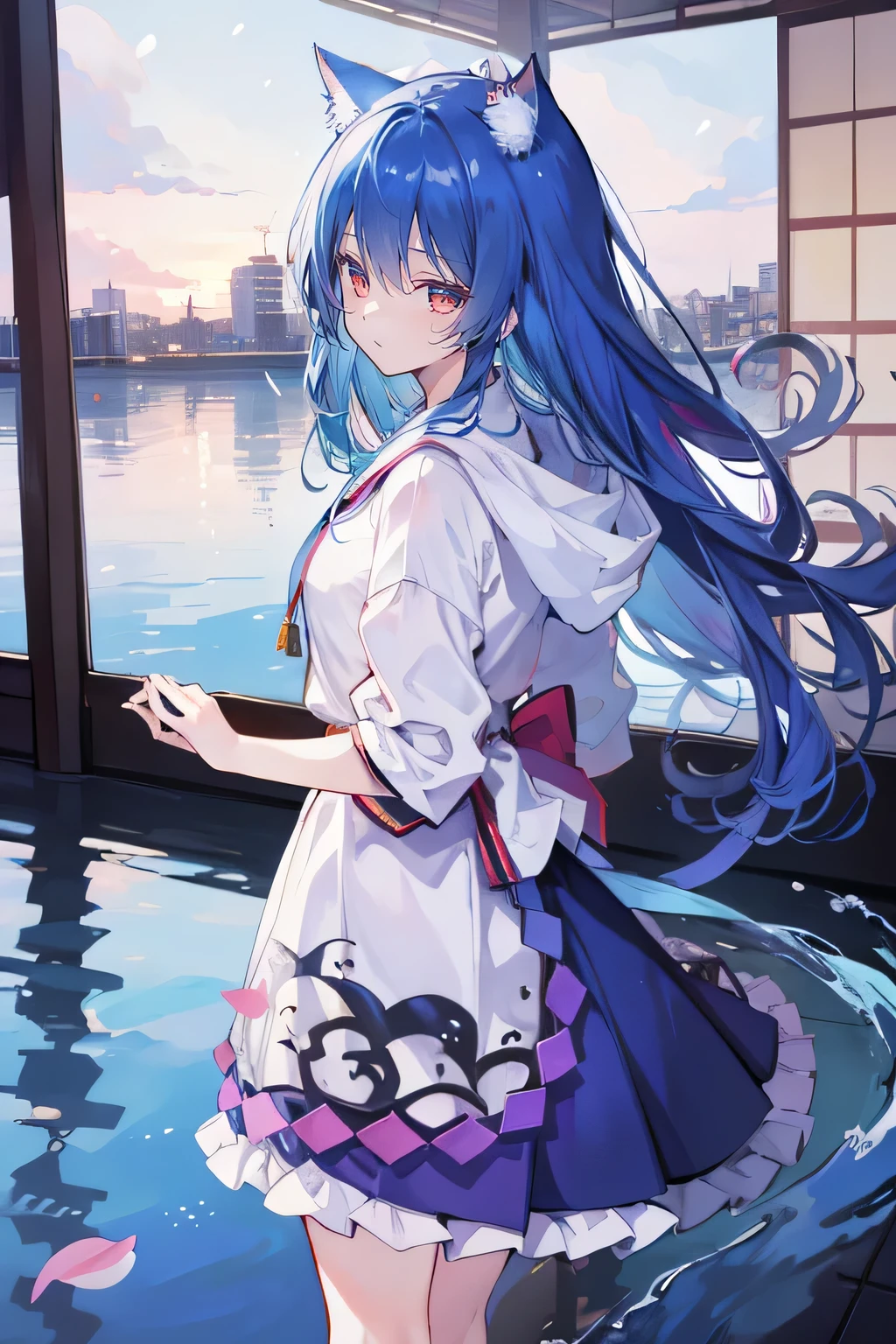 (masterpiece:1.2),Super detailed,lifelike,Expressive eyes,fair skin,perfect face shape,1 girl,
Japanese comics,Gorgeous blue hair,flowing blue hair,flowing clothes,Cat ears,Petals fall,beautiful lola,Baby Angel,
Shaking head with one hand,Cross your legs,Gentle and peaceful background,The pavilion is cool and comfortable,smile, wearing hoodie, background of tokyo,back views,snowing, winter,lie on the water.