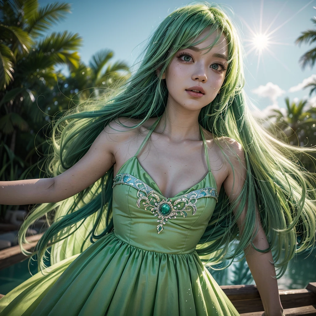 Imagine a stunning woman embodying the allure of a pineapple goddess on a tropical beach. Her flowing yellow and green dress recalls the vibrant colors of a pineapple, and she poses gracefully amid undulating palm trees and crystal clear waters.
