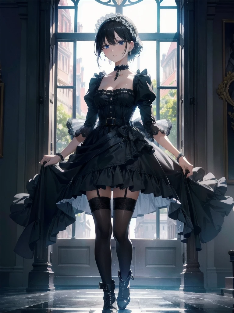 absurdres, RAW photo, extremely delicate and beautiful, masterpiece, Best Quality, ultra high resolution, 32k, hyperrealistic, ultra-detailed, perfect figure, in her 20s, very small head, very small face, delicate facial features, tearful mole, earring, huge breasts, full body shot, medium hair, black hair, intricate Romantic Victorian Gothic Outfit,