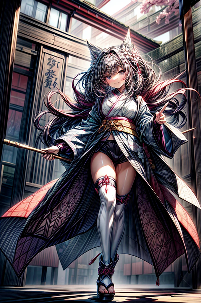 dynamic dancing moves with full of energy and movement, jumping high, full body portrait, happy expression, Japanese festival, with lively action poses, Positive Space, asymmetry, dynamic angle, A detailed illustration of an anime girl with blue eyes wearing a black kimono with Japanese patterns, wearing white cloak white shorts, black tube-top, She has white long hair tied back by a flower hair ornament, with colorful deep blue, black, pink, gold and white colors, surrounded by hexagons with various patterns and textures, Japanese Ancient bridge, happy expression, A black and white checkered pattern background surrounded by hexagons with various patterns in background, floral designs, and geometric shapes, In the background there are some sakura trees., cartoon character design, this is a full body portrait in vibrant colors, colorful illustrations, highly detailed, high resolution, in the style of digital painting, natural lighting,