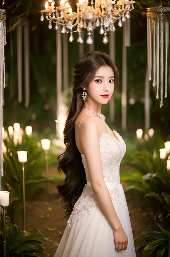 Generate an image of an extraordinarily beautiful 20-year-old Asian woman standing alone, whose beauty rivals that of a goddess of the fire element. She has large brown eyes, dark brown hair, glowing skin, and a captivating appearance. She is wearing a stunning white wedding dress that accentuates her elegance. The woman stands charmingly alone, her beauty appearing as if blessed by nature, in a very romantic and lovely aisle adorned with flowers and soft lighting, exuding a magical and serene atmosphere.