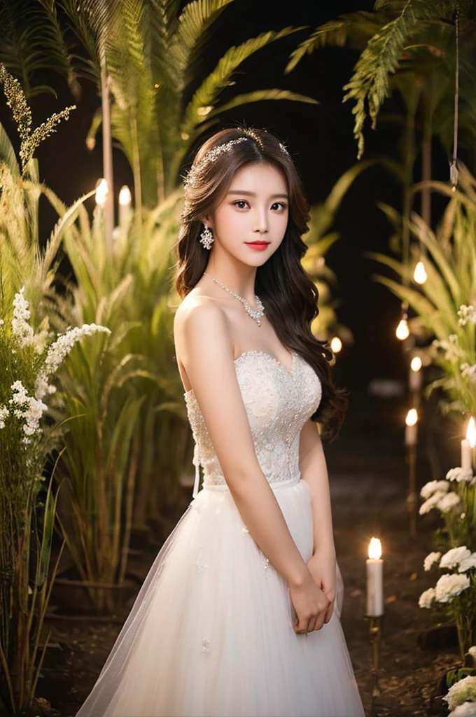 Generate an image of an extraordinarily beautiful 20-year-old Asian woman standing alone, whose beauty rivals that of a goddess of the fire element. She has large brown eyes, dark brown hair, glowing skin, and a captivating appearance. She is wearing a stunning white wedding dress that accentuates her elegance. The woman stands charmingly alone, her beauty appearing as if blessed by nature, in a very romantic and lovely aisle adorned with flowers and soft lighting, exuding a magical and serene atmosphere.