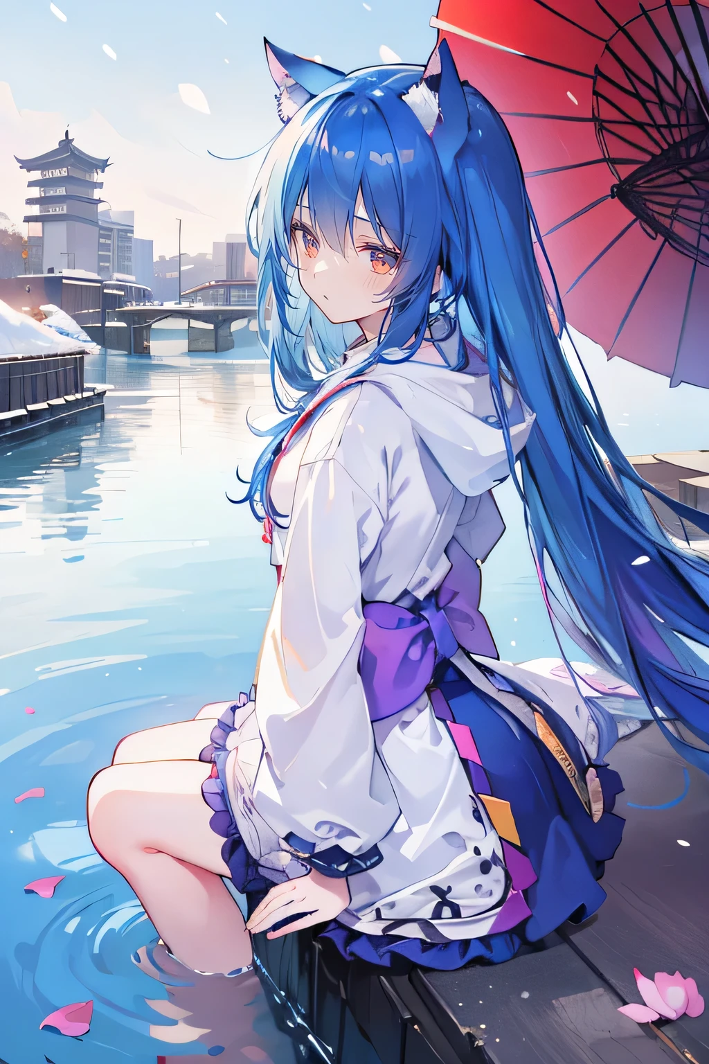 (masterpiece:1.2),Super detailed,lifelike,Expressive eyes,fair skin,perfect face shape,1 girl,
Japanese comics,Gorgeous blue hair,flowing blue hair,flowing clothes,Cat ears,Petals fall,beautiful lola,Baby Angel,
Shaking head with one hand,Cross your legs,Gentle and peaceful background,The pavilion is cool and comfortable,smile, wearing hoodie, background of tokyo,back views,snowing, winter,lie on the water.
