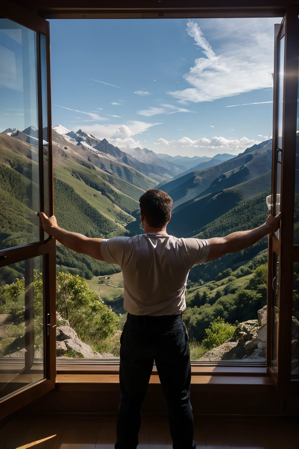 In the foreground, in front of an open window, a man stands with his back with his arms outstretched to the sides.. A beautiful mountain landscape is visible from the window