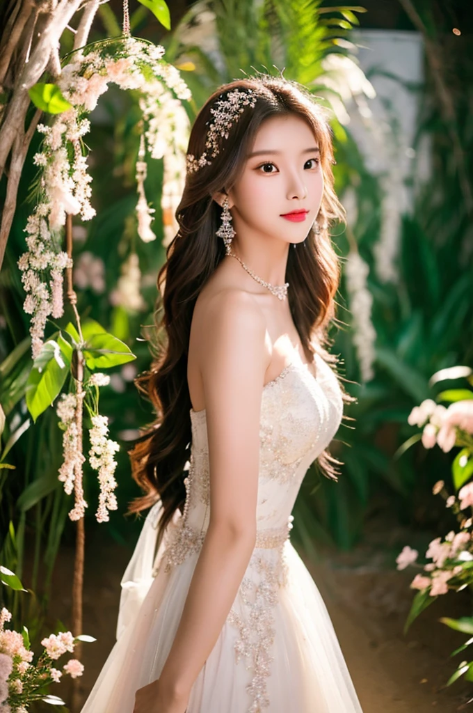 Generate an image of an extraordinarily beautiful 20-year-old Asian woman standing alone, whose beauty rivals that of a goddess of the fire element. She has large brown eyes, dark brown hair, glowing skin, and a captivating appearance. She is wearing a stunning white wedding dress that accentuates her elegance. The woman stands charmingly alone, her beauty appearing as if blessed by nature, in a very romantic and lovely aisle adorned with flowers and soft lighting, exuding a magical and serene atmosphere.