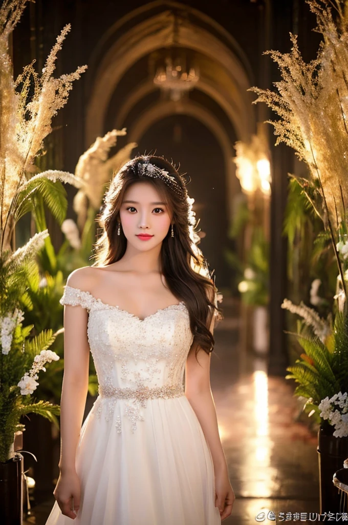 Generate an image of an extraordinarily beautiful 20-year-old Asian woman standing alone, whose beauty rivals that of a goddess of the fire element. She has large brown eyes, dark brown hair, glowing skin, and a captivating appearance. She is wearing a stunning white wedding dress that accentuates her elegance. The woman stands charmingly alone, her beauty appearing as if blessed by nature, in a very romantic and lovely aisle adorned with flowers and soft lighting, exuding a magical and serene atmosphere.