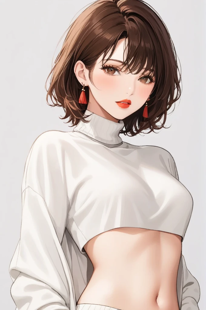 One woman ,short wavy hair ,red lipstick,face makeup,mole under right eye, tassel earrings, perfect mature body,turtle neck white sweater,pants,brown hair,legs,navel