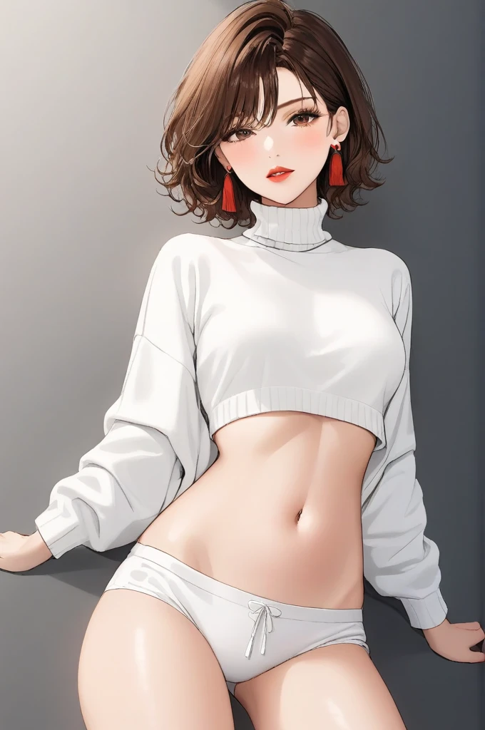 One woman ,short wavy hair ,red lipstick,face makeup,mole under right eye, tassel earrings, perfect mature body,turtle neck white sweater,pants,brown hair,legs,navel