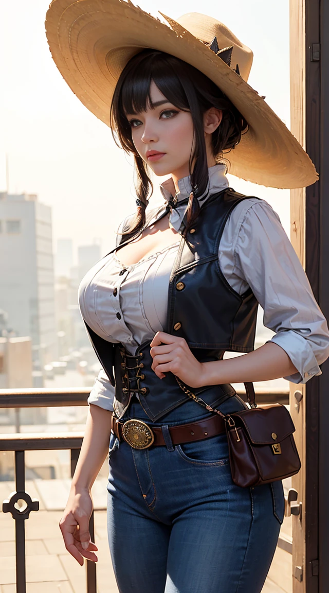 A Japanese woman walks through the city，Building，A plant，ssmile，mixed Korean，The background is blurred，Focus，light，(((masterpiece))), ((best quality)), ((Complex and detailed)), ((ultra-realistic realism)), ridiculous resolution, A MILF, adult woman, seethru, muito detalhado, enlightenment, 1Girl, (huge tits), narrow waist and wide hips，Long, lovely, detailled eyes, short, detailed information Hair, brunette color hair, a violet eye, (Western denim:1.2)，Western Cowboyhut，cowboy boots，Cowhide leather vest，chaparejos，Western Denim Shawl，Western-Cowgirl，Play as Red Dead Redemption，American cowboys，Westworld，Cowboy Bounty Hunter，Wears a Mexican wide-brimmed felt hat with a high peak、Carry a Colt revolver or a Winchester rifle on your shoulder、Wrapped around a cartridge belt、Wear a denim leather top、and corset sleeves with tight multi-bag jeans、Step into a pair of high leather boots with spikes、A colorful printed square around the neck，（no underwear），pantiess, detailed background, perfect eyes, Seductive eye, Viewers look at, from front view，Wear light，