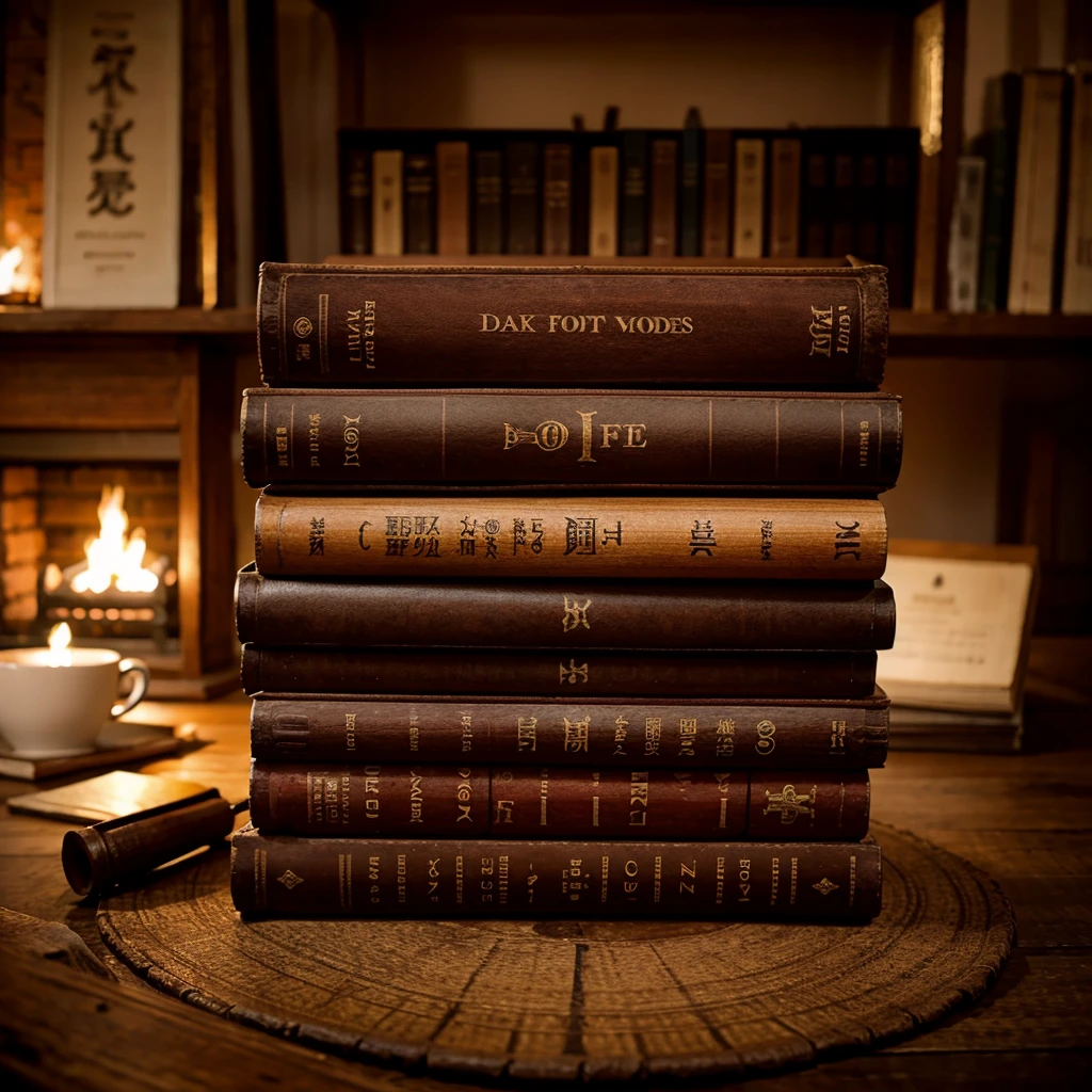 Drawing theme - old books - a book on the table - a cup of hot coffee - several books stacked