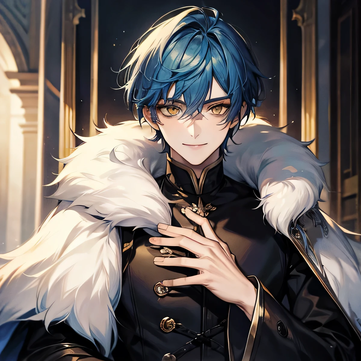 masterpiece, alone, 1 male, short hair, Blue Hair, Yellow Eyes, Black Leather, fur, Smile Facial