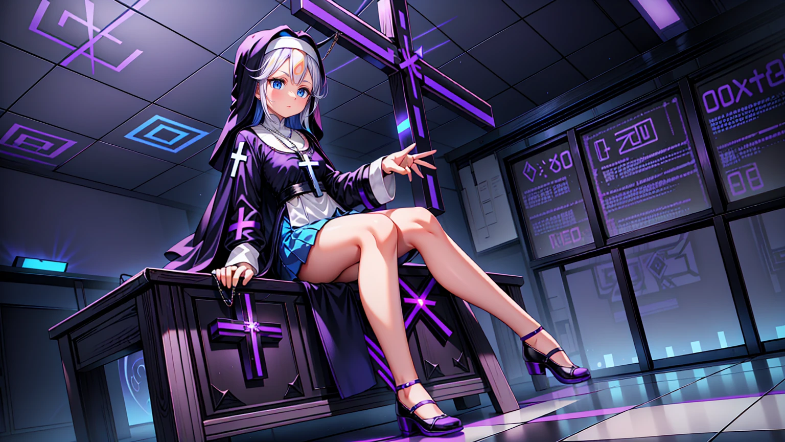 a beautiful woman, white hair with blue highlights, (((Full body))), Egirl makeup, ((White Hair with Blue Highlights)), hair accessories, shorth hair, cute face, face detailed, blue eyes, (((micro skirt))), (((Full Body, perfect hand, perfect face))), (((classroom, sitting))), cyberpunk, sitting, White hair, beautiful outfit, (((Purple, cyberpunk)))), animal ears, perfect face, Glowing Purple, GlowingRunes_purple, (((cross shaped necklace, nun)))