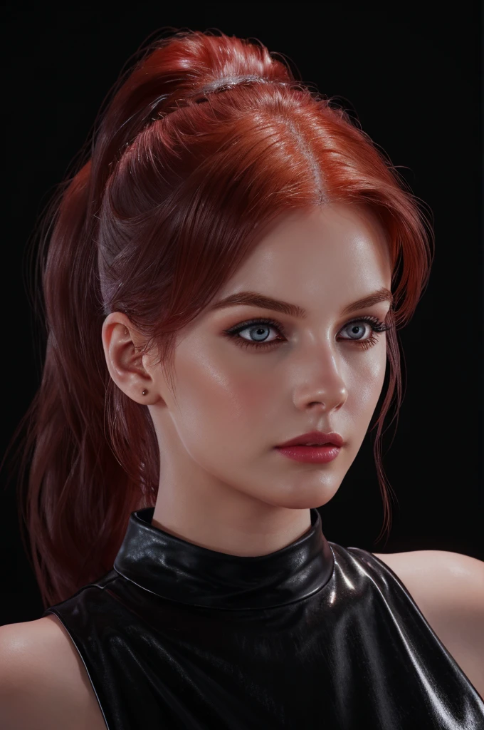 woman with ponytail,Auburn hair, pale,soft body,eyeliner,portrait, beautiful woman, beautiful female ,beautiful classy woman ,eyeliner,wonderful highly detailed masterpiece, elegant, digital painting, smooth, dramatic lighting, ultra realistic, 8k, art , blur backgrond, black background ,black background,black wallpaper,wearing red leather jacket