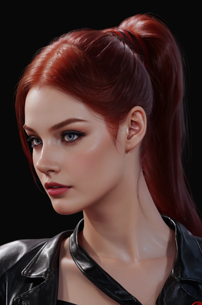 woman with ponytail,Auburn hair, pale,soft body,eyeliner,portrait, beautiful woman, beautiful female ,beautiful classy woman ,eyeliner,wonderful highly detailed masterpiece, elegant, digital painting, smooth, dramatic lighting, ultra realistic, 8k, art , blur backgrond, black background ,black background,black wallpaper,wearing red leather jacket