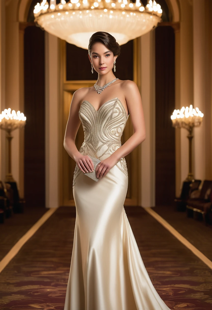 Full length ,"A young woman in an elegant, light cream evening gown one the sholder attending a formal event. She is wearing a uniquely designed and beautiful dress, complemented by luxurious jewelry and accessories. The background features a grand and lavish hall with warm, inviting lighting, showcasing a scene of splendor and beauty."