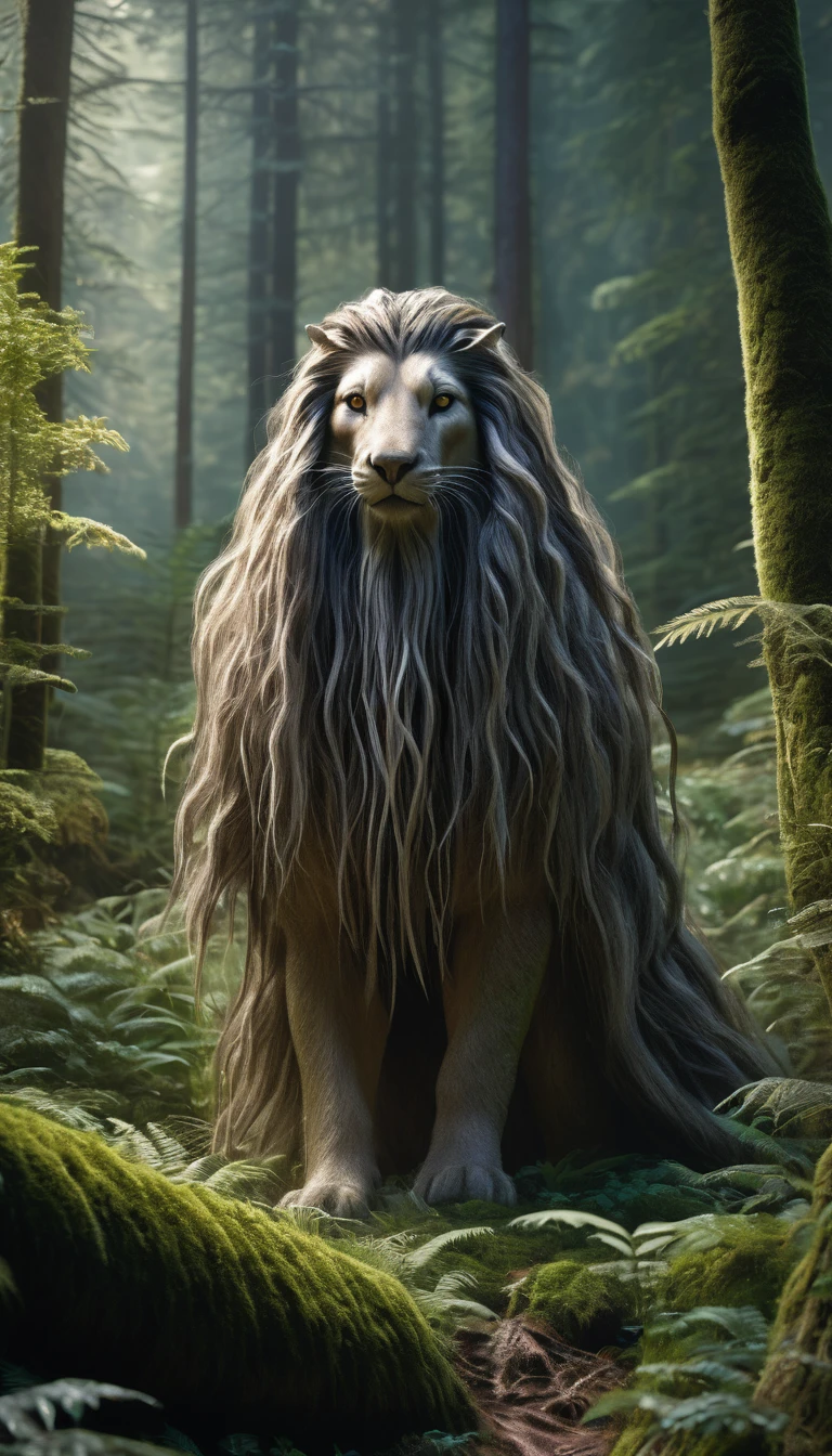 Panoramic front view，There is a creature in the forest，Human-like appearance，Covered with long hair（best quality，4K，8K，High level，masterpiece：1.2），Ultra Detailed，（lifelike，Photo real，Photo real：1.37），Highly detailed animals，Complex patterns，Realistic lighting，Fantasy Creatures