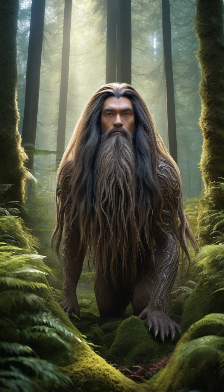 Panoramic front view，There is a creature in the forest，Human-like appearance，Covered with long hair（best quality，4K，8K，High level，masterpiece：1.2），Ultra Detailed，（lifelike，Photo real，Photo real：1.37），Highly detailed animals，Complex patterns，Realistic lighting，Fantasy Creatures