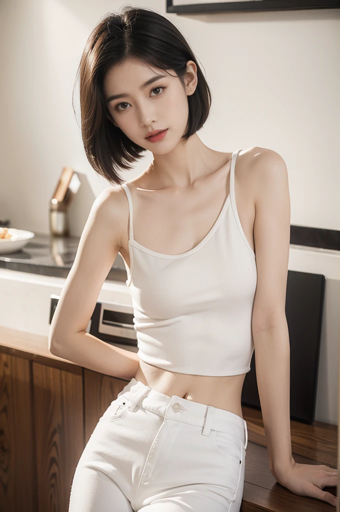 (((best quality))),(((ultra detailed))),(((masterpiece))),illustration,((1girl,solo)),(straight black bob hair:1.2),((slim,thin)),((small breasts,flat chest)),sitting, KFC, burger,((white shirt, white strap tank top, white pants)), clean, fresh, bright face, sparkling eyes, rosy cheeks, beautiful smile, white teeth, neatly combed hair,soft hair, white shirt, V-neck, collarbone, sexiness,visible, natural, carefree, high-waisted, slender waist, taller, bustling restaurant, other customers, enjoying meals, chatting, bright lighting, warm atmosphere, joy, relaxation, cute appearance, carefree attitude, visually appealing, heartwarming