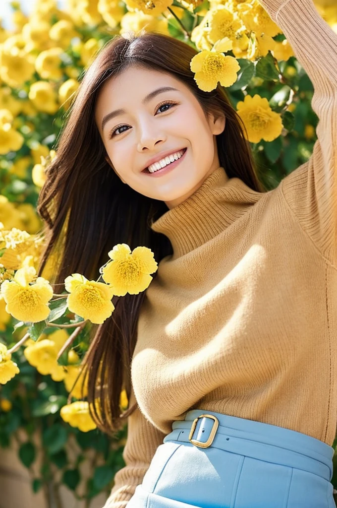 hostess face、sexy face、turtleneck wool sweater、skirt、High quality、Super realistic、healthy、smiling expression、perfect slender figure、Japanese beauty、 perfect eyes、Shining beautiful skin、upper part of the body、The background is yellow flowers