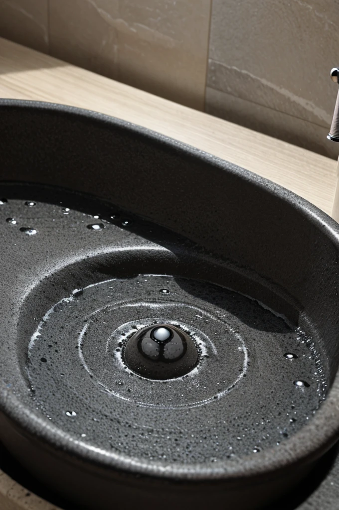 A small happy water droplet in black wash basin with water around it