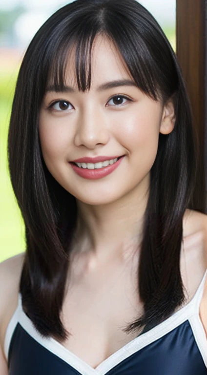 ((top-quality、8K、​masterpiece:1.3))、Photorealsitic, sharp focus, high-level image quality, hight resolution, Portrait, 独奏, japanes, Middle-aged woman, Beautie, full body Esbian、 years old, Shorthair, Wrinkles at the corners of the eyes, in poolside、Beautiful blue sky、Sexy figure,((Competition swimwear、Competitive swimsuit))、Thighs、((Thighs、Large Breasts))、Red lipstick、Blue eyeshadow、Sexy Swimwear、smile
