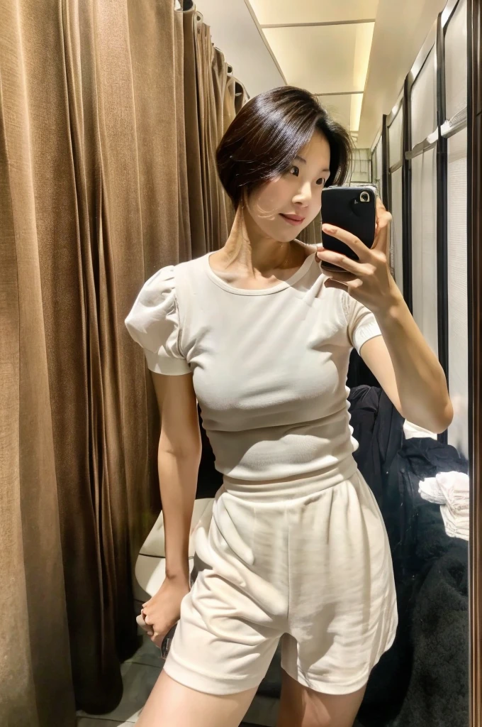 Selfie photos，Mobile phone mirror selfie，indoor，Inside the room，A beautiful mature Asian woman，Realistic fair skin color，156 cm，46KG,34C cupz her hairstyle is loose and lazy，Wearing a close-fitting white low-cut short-sleeved top，black shorts:1.2，