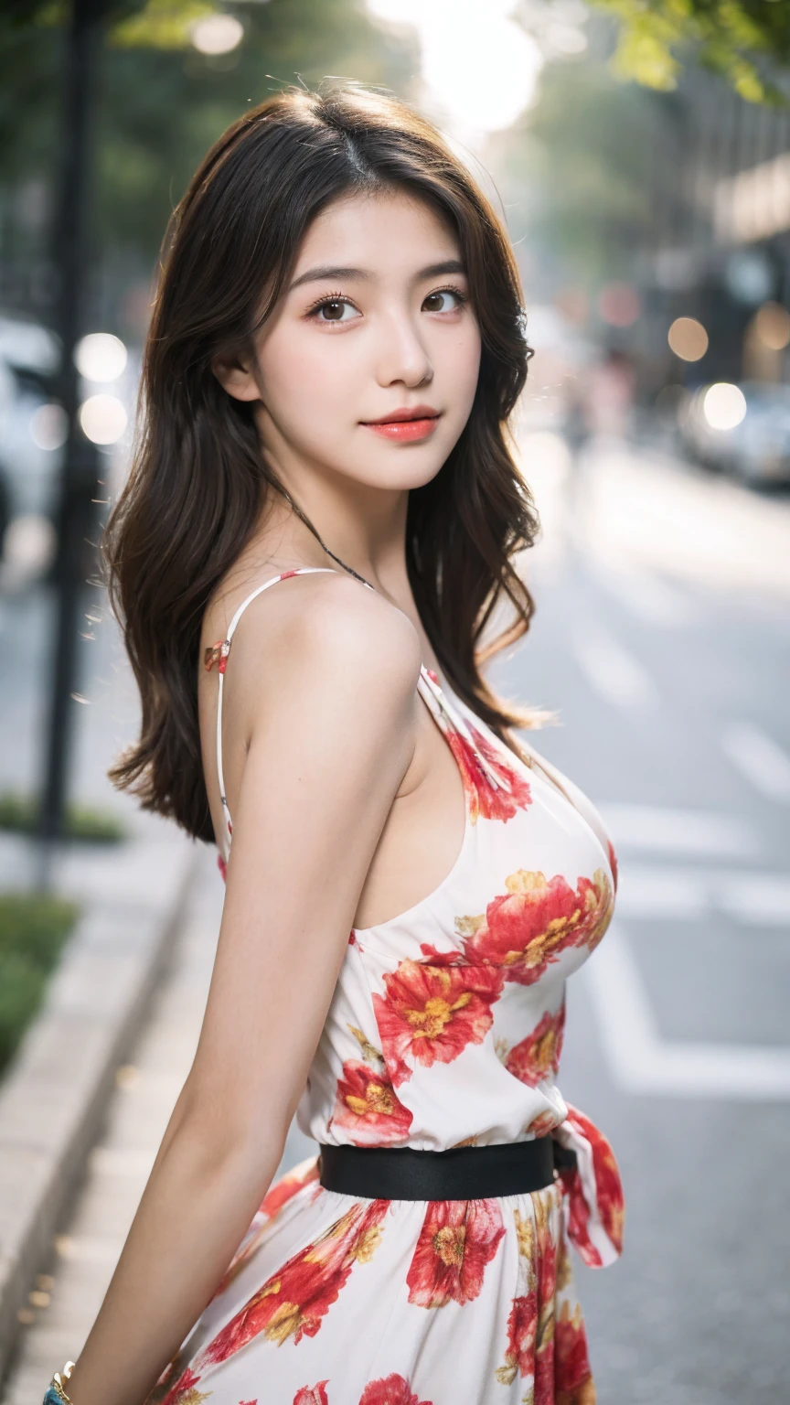((Best quality, 8K, masterpiece:1.3))，1girl，18 years old，Asian，Real texture:1.3，(Background blur:1.1)，Dress Up，Tall and slender figure:1.2，(Hot summer weather)，（street:1.3），Highly detailed face and skin textures，Exquisite eyes，Long eyelashes，Double eyelids，Skin Whitening，happy，Various postures，Big breasts