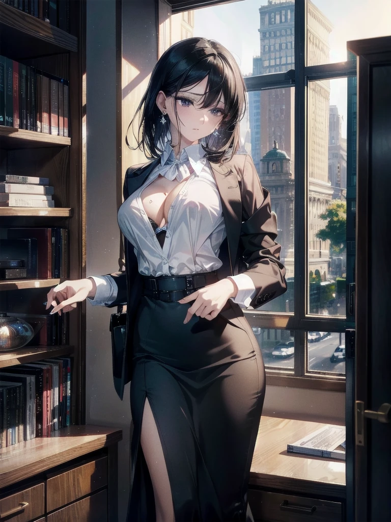 absurdres, RAW photo, extremely delicate and beautiful, masterpiece, Best Quality, ultra high resolution, 32k, hyperrealistic, ultra-detailed, delicate facial features, beautiful detailed woman, tearful mole, earring, medium breasts, full body shot, medium hair, black hair, Office Lady Suit, dress shirt, Bra,