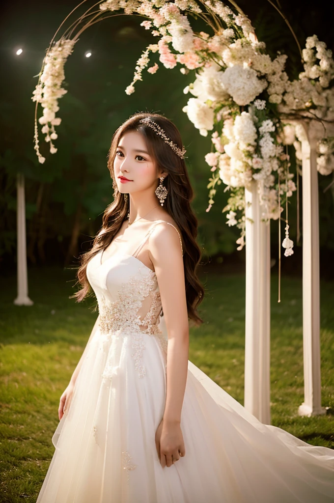 Generate an image of an extraordinarily beautiful 20-year-old Asian woman standing alone, whose beauty rivals that of a goddess of the fire element. She has large brown eyes, dark brown hair, glowing skin, and a captivating appearance. She is wearing a stunning white wedding dress that accentuates her elegance. The woman stands charmingly alone, her beauty appearing as if blessed by nature, in a very romantic and lovely aisle adorned with flowers and soft lighting, exuding a magical and serene atmosphere.