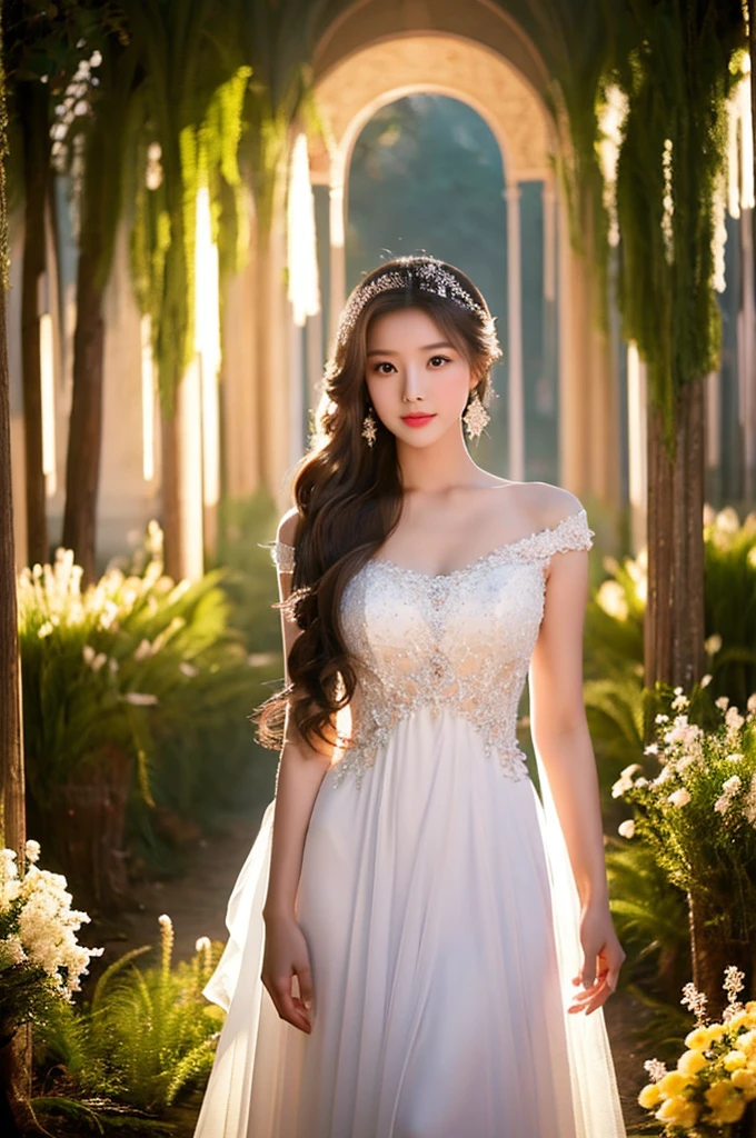 Generate an image of an extraordinarily beautiful 20-year-old Asian woman standing alone, whose beauty rivals that of a goddess of the fire element. She has large brown eyes, dark brown hair, glowing skin, and a captivating appearance. She is wearing a stunning white wedding dress that accentuates her elegance. The woman stands charmingly alone, her beauty appearing as if blessed by nature, in a very romantic and lovely aisle adorned with flowers and soft lighting, exuding a magical and serene atmosphere.