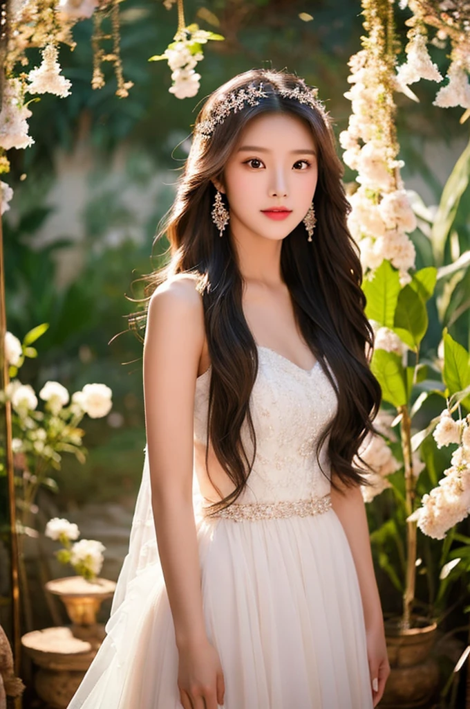 Generate an image of an extraordinarily beautiful 20-year-old Asian woman standing alone, whose beauty rivals that of a goddess of the fire element. She has large brown eyes, dark brown hair, glowing skin, and a captivating appearance. She is wearing a stunning white wedding dress that accentuates her elegance. The woman stands charmingly alone, her beauty appearing as if blessed by nature, in a very romantic and lovely aisle adorned with flowers and soft lighting, exuding a magical and serene atmosphere.