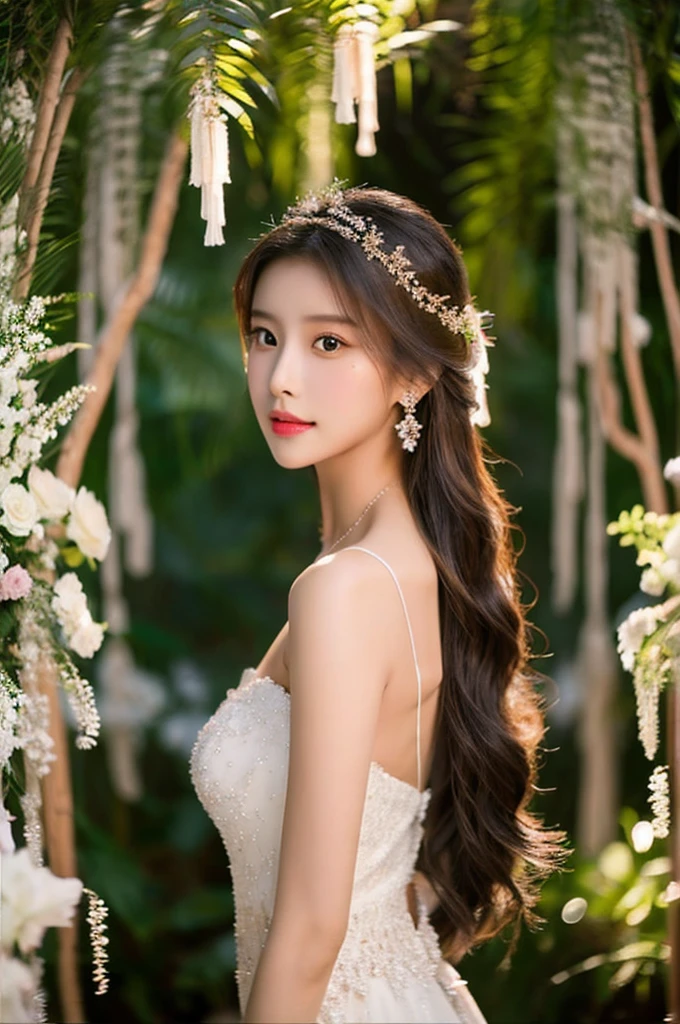 Generate an image of an extraordinarily beautiful 20-year-old Asian woman standing alone, whose beauty rivals that of a goddess of the fire element. She has large brown eyes, dark brown hair, glowing skin, and a captivating appearance. She is wearing a stunning white wedding dress that accentuates her elegance. The woman stands charmingly alone, her beauty appearing as if blessed by nature, in a very romantic and lovely aisle adorned with flowers and soft lighting, exuding a magical and serene atmosphere.