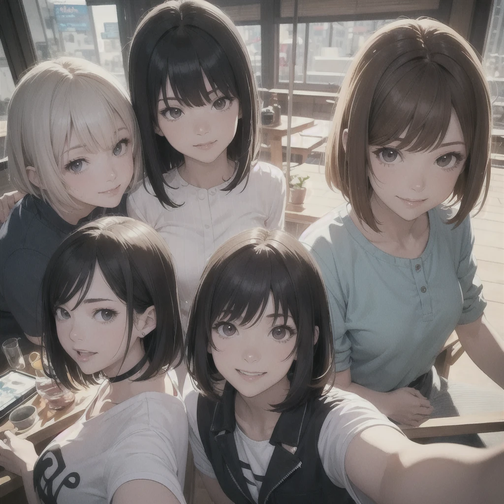 (Flat Color: 0.8), (masterpiece: 1,2), (masterpiece: 1,2), High Resolution, Ultra high definition, Highest quality, High resolution, Ultra-fine Illustration, Makoto Shinkai style, Your name is style, Short Bob, Three Women, Private Server, Laughter, big, Dynamic pose, Selfie, Upper Body