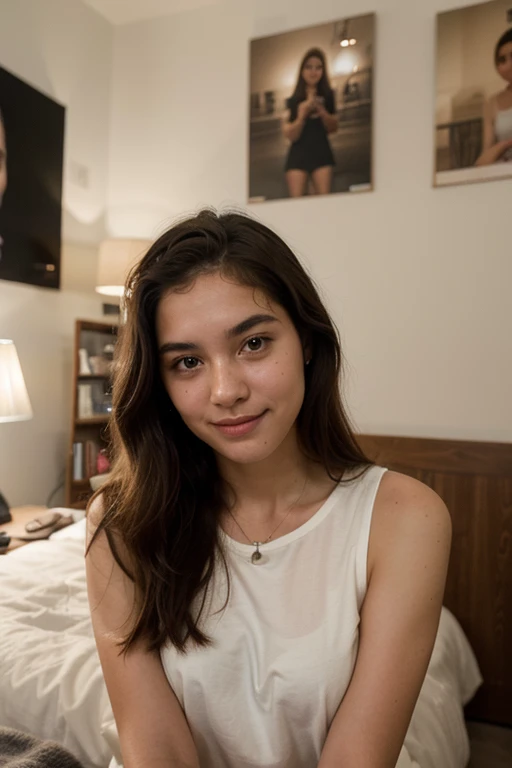 an 18 year old Brazilian girl, with light skin, long brown hair, and brown eyes. Mariana is taking a selfie at night in her room. She is smiling slightly at the camera, wearing a casual and comfortable blouse. Ao fundo, you can see a wall decorated with some paintings or posters and a shelf with books and small personal objects, reflecting a welcoming and typical environment of a young woman. The lighting is soft and warm, coming from lamps or luminaires, creating a cozy atmosphere and highlighting your facial features clearly and sharply. Photographic style: realistic and detailed selfie, capturing Mariana&#39;s friendly and natural expression, ideal for sharing on Facebook.