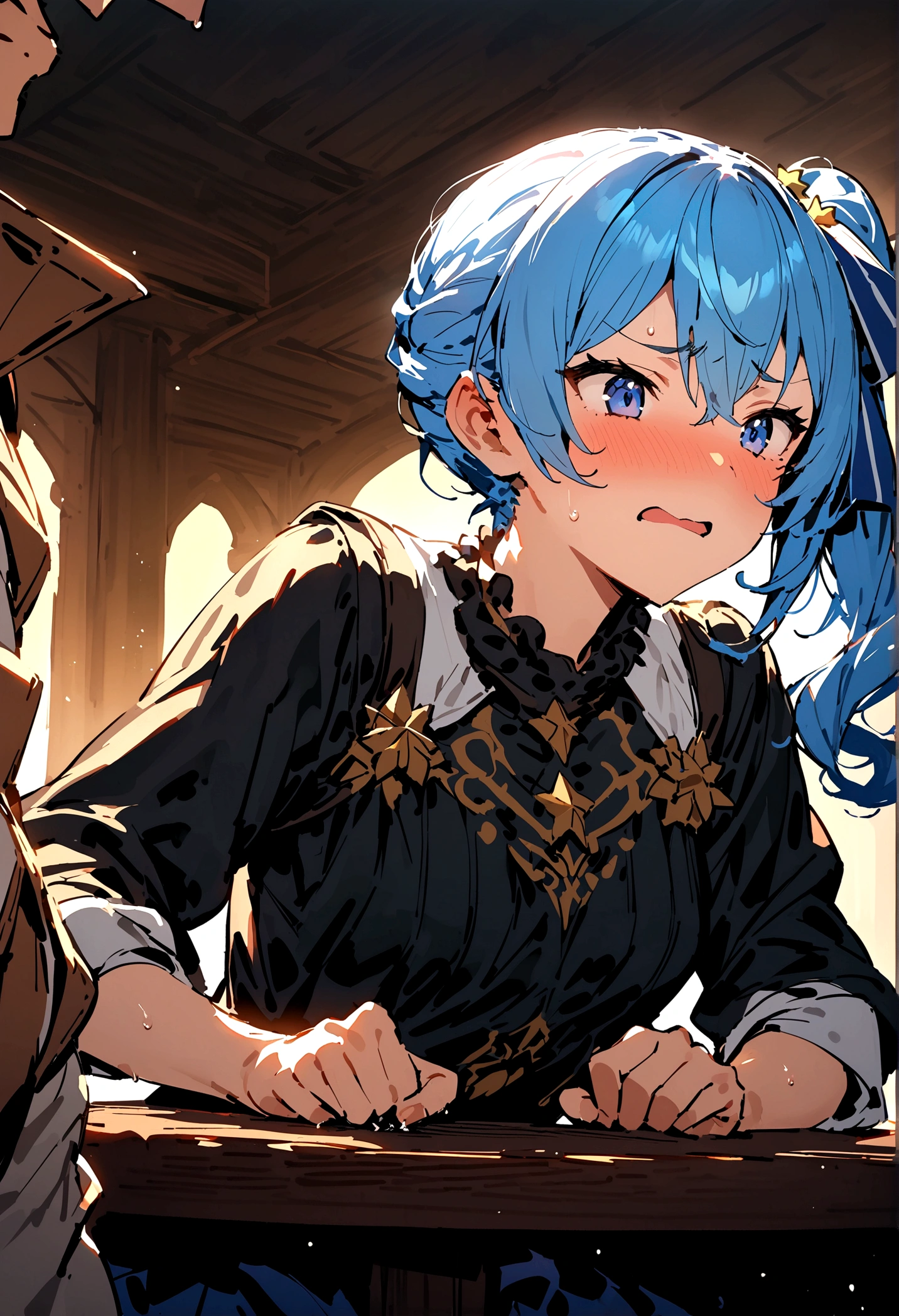 NSFW,masterpiece,Highest quality,High resolution,Super detailed,Star Town Suisei\(Hololive\),Blue Hair,One Side Ponytail,Blue Eyes,Small breasts,(Adventurer),(Fantasy),Adventurerギルド,reception,table,Embarrassed,(Expecting face),Frustrated face,(Fawning),(Strong-faced men),(Body touch),(caress),Having sex,Insert,Creampie,(Squirting)