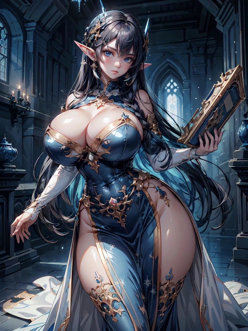 (masterpiece, realistic, best quality, perfect face, (beautiful and aesthetic:1.4), highest detailed face), (dark fantasy illustration:1.3), ((gorgeous elf princess, (dark blue long hair:1.3), (bright blue eyes:1.2), (fake breasts), (narrow waist:1.2), wide waist, (tall waist:1.3), pale skin)), perfect fit body, (cleavage:1.2), ((blue royal dress)), ((shiny skin)), (sexy pose:1.3), (snowflake hairclip:1.2), ((detail background), inside evil desolated castle, in dark chamber)), detailed skin, skin pores, long detailed eyelashes, (night:1.3), curvy body type, looking at viewer, full shot, (solo:1.4), (elegant, intricate, digital photography, high quality, 4k, extremely detailed, sharp, CG, hyper realism, dramatic light, HDR),