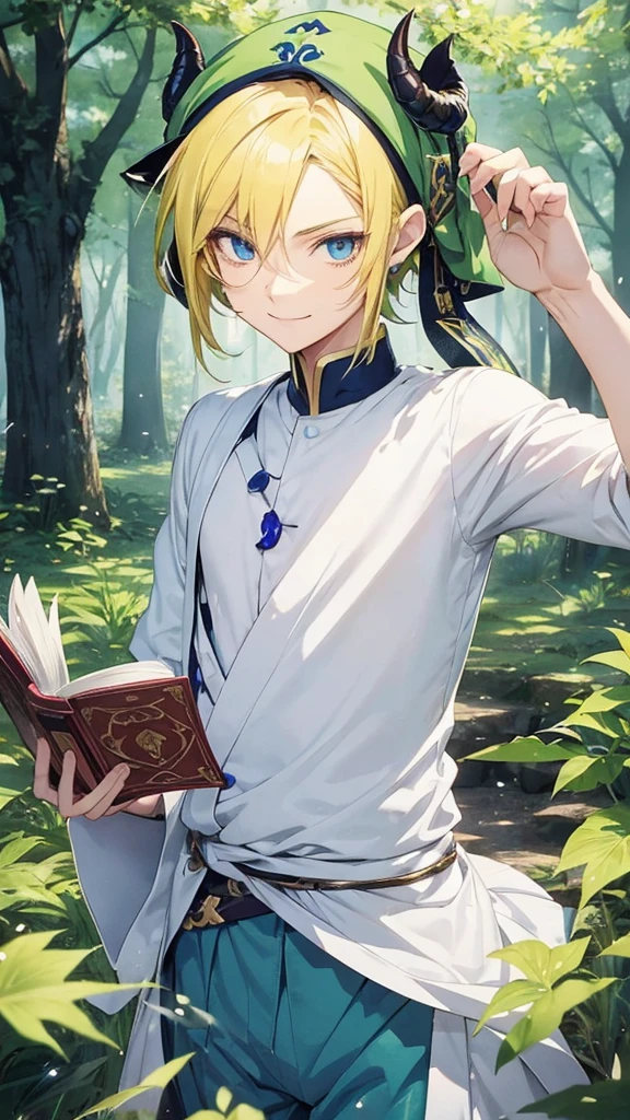 Anime boy with a book in his hand and wearing a hat, Handsome blond-haired man in demon-slaying art, green turban ,smile at the corner of the mouth , แฟนอาร์ต Demon Slayer Rui, official art, Delicate Androgynous Prince, Tall anime guy with blue eyes., Demon Slayer art style, anime moe art style, anime boy, beautiful androgynous prince, As an anime character, anime boy, Rei Hiroe