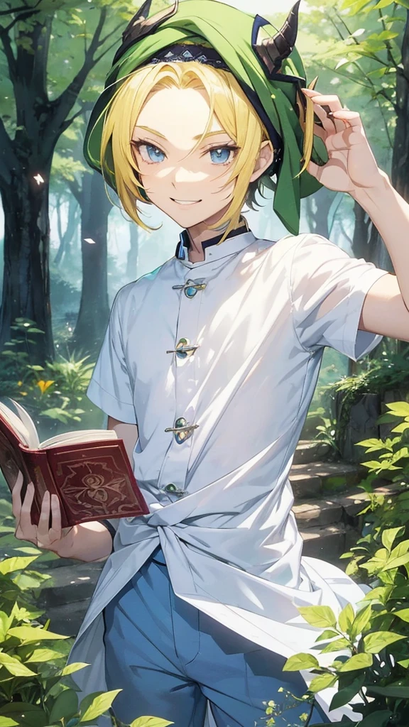 Anime boy with a book in his hand and wearing a hat, Handsome blond-haired man in demon-slaying art, green turban ,smile at the corner of the mouth , แฟนอาร์ต Demon Slayer Rui, official art, Delicate Androgynous Prince, Tall anime guy with blue eyes., Demon Slayer art style, anime moe art style, anime boy, beautiful androgynous prince, As an anime character, anime boy, Rei Hiroe