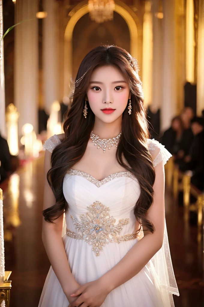 Generate an image of an extraordinarily beautiful 20-year-old Asian woman standing alone, whose beauty rivals that of a goddess of the fire element. She has large brown eyes, dark brown hair, glowing skin, and a captivating appearance. She is wearing a stunning white wedding dress that accentuates her elegance. The woman stands charmingly alone, her beauty appearing as if blessed by nature, in a very romantic and lovely aisle adorned with flowers and soft lighting, exuding a magical and serene atmosphere.