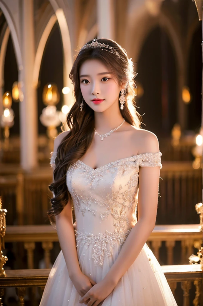 Generate an image of an extraordinarily beautiful 20-year-old Asian woman standing alone, whose beauty rivals that of a goddess of the fire element. She has large brown eyes, dark brown hair, glowing skin, and a captivating appearance. She is wearing a stunning white wedding dress that accentuates her elegance. The woman stands charmingly alone, her beauty appearing as if blessed by nature, in a very romantic and lovely aisle adorned with flowers and soft lighting, exuding a magical and serene atmosphere.