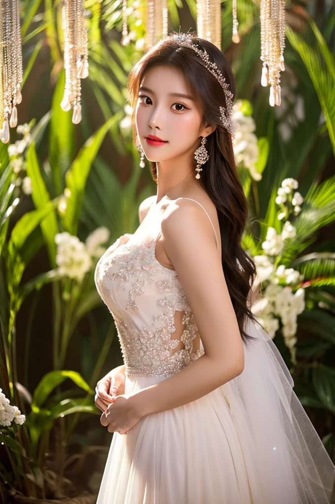 Generate an image of an extraordinarily beautiful 20-year-old Asian woman standing alone, whose beauty rivals that of a goddess of the fire element. She has large brown eyes, dark brown hair, glowing skin, and a captivating appearance. She is wearing a stunning white wedding dress that accentuates her elegance. The woman stands charmingly alone, her beauty appearing as if blessed by nature, in a very romantic and lovely aisle adorned with flowers and soft lighting, exuding a magical and serene atmosphere.