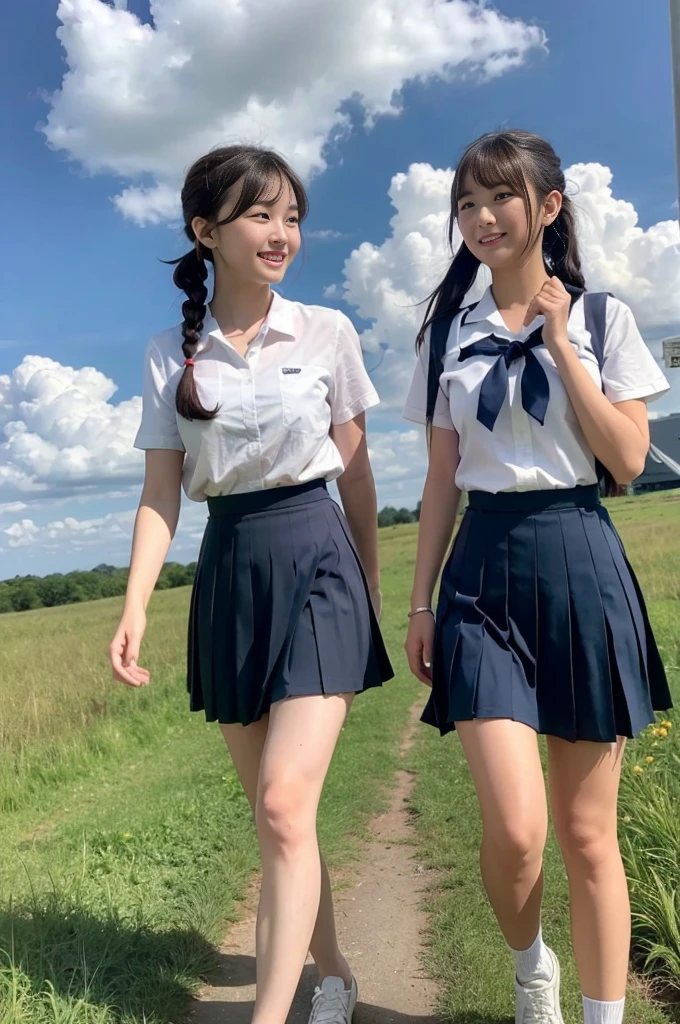 2 girls walking in rural field,cumulonimbus cloud in summer sky,sailor shirt,navy blue pleated skirt,18-year-old,bangs,a little smile,thighs,knees,short hair with low pigtails bunches,from below,front light