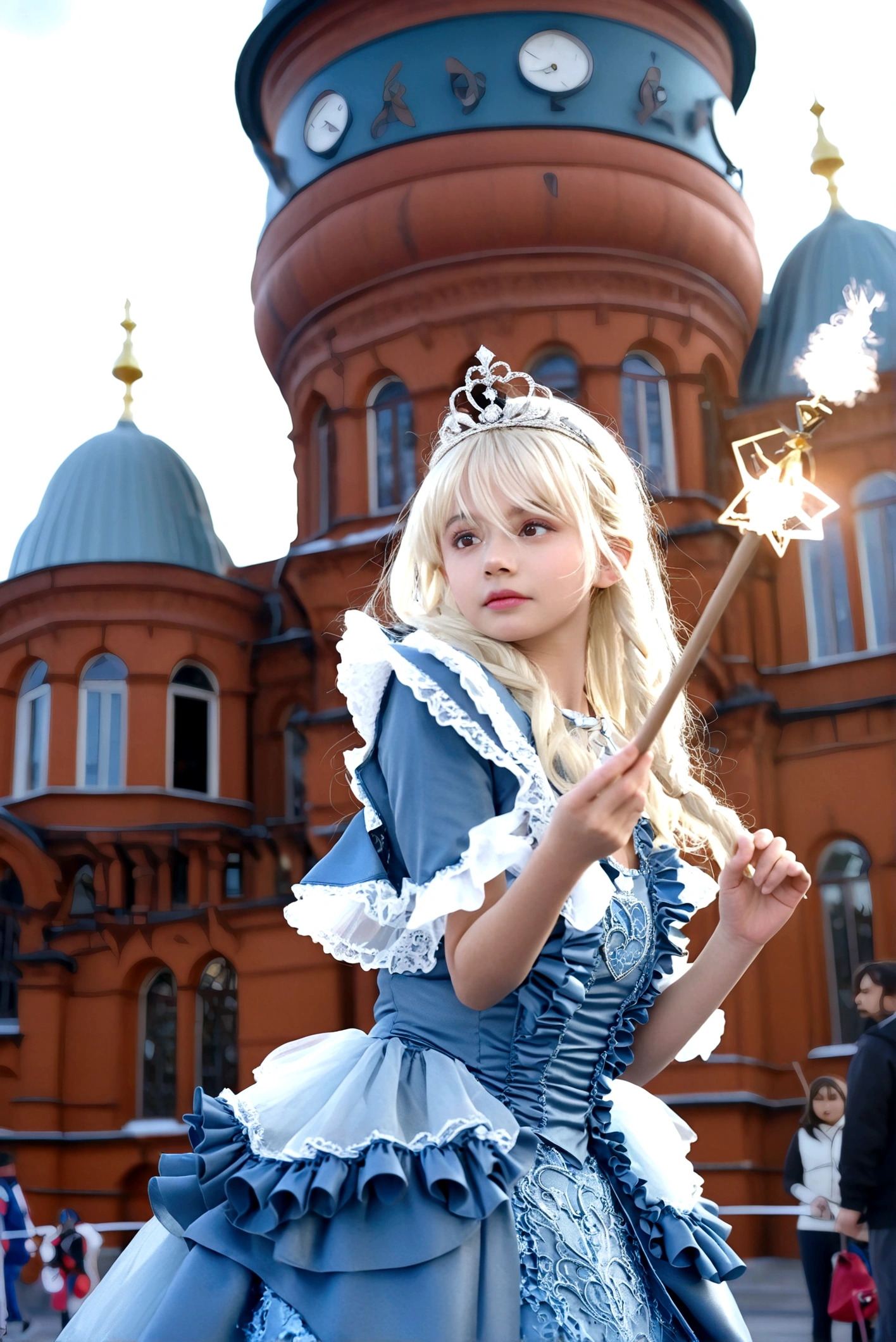 1girl, long hair, blonde hair, dress, holding, white hair, outdoors, frills, solo focus, blurry, blue dress, tiara, realistic, wand, holding wand