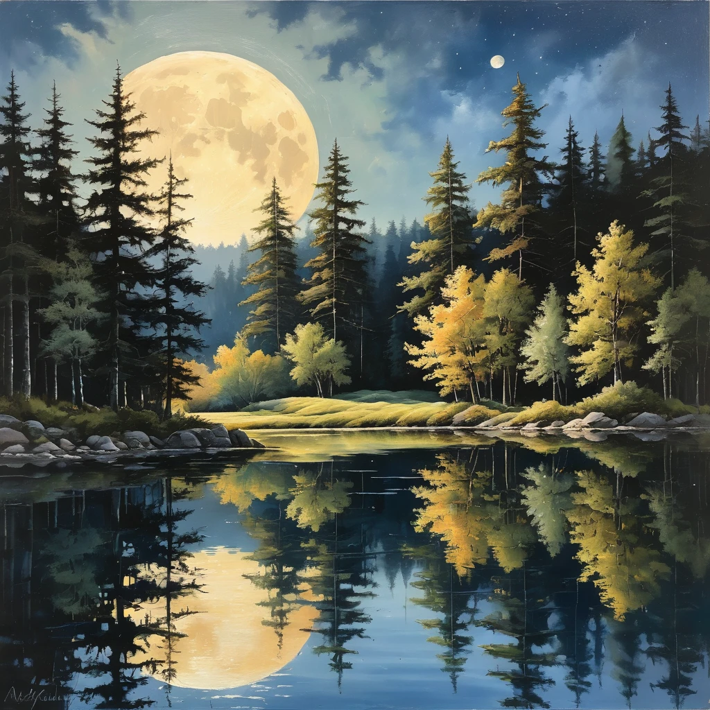 A realistic painting of a moonlit lake with detailed reflections of trees and a natural color palette