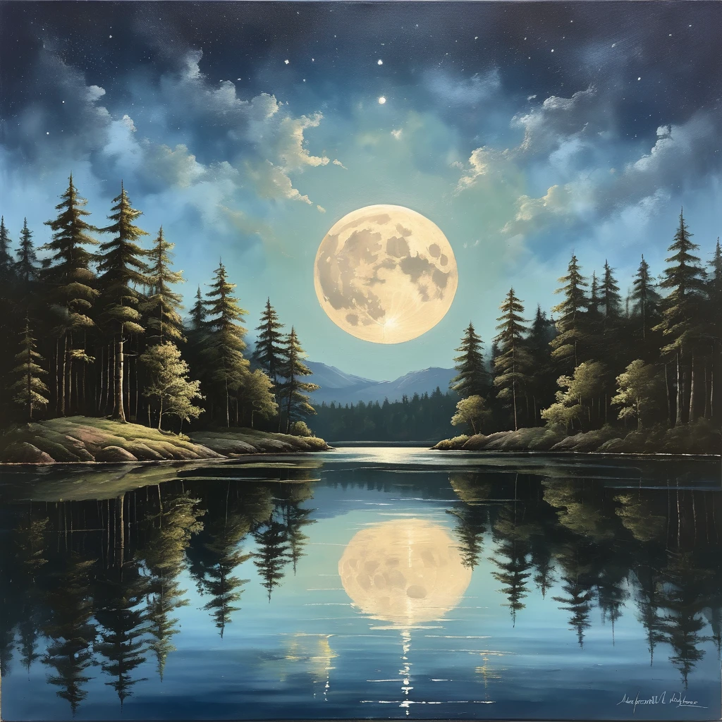 A realistic painting of a moonlit lake with detailed reflections of trees and a natural color palette